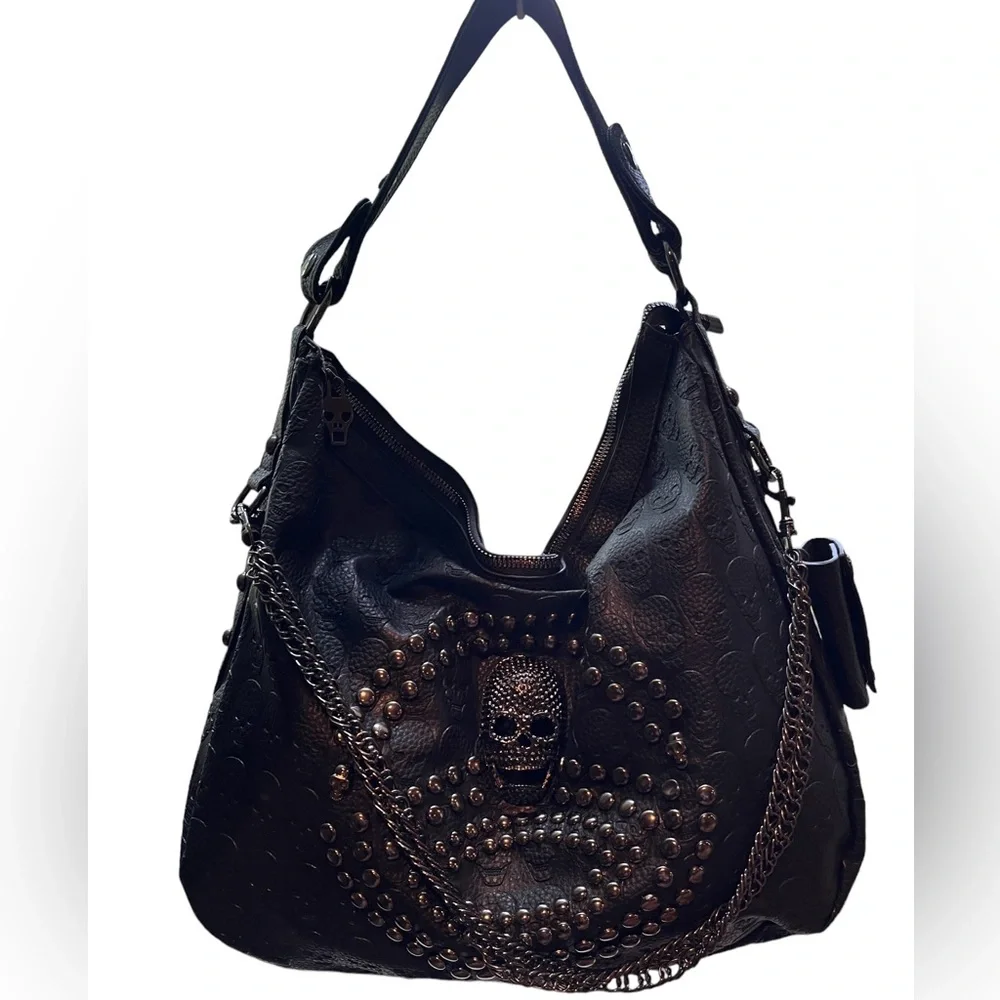NWT Skull and Punk Rivet Bling Faux Leather Shoulder Style Tote Bag w/ Chains - Picture 8 of 16